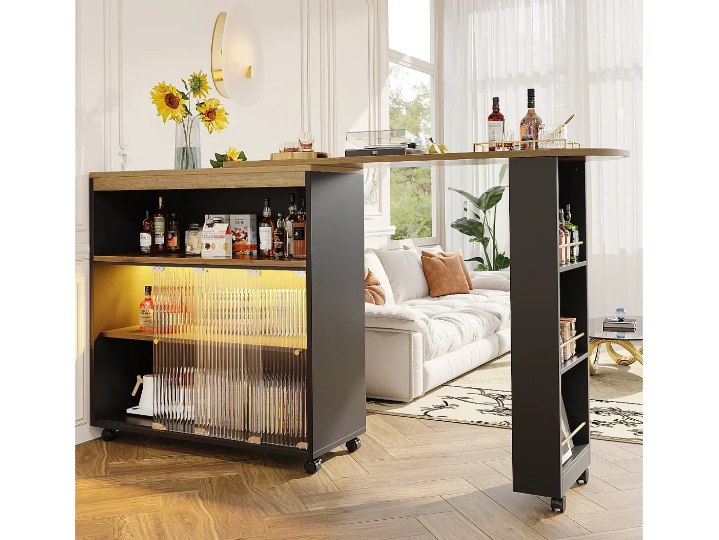 Mueble bar giratorio con ruedas con 2 puertas correderas de cristal, 1 nicho y estantes, LED incluido, MDF, negro - 138x39x105cm