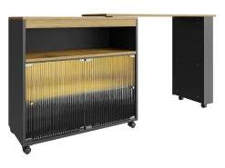 Mueble bar giratorio con ruedas con 2 puertas correderas de cristal, 1 nicho y estantes, LED incluido, MDF, negro - 138x39x105cm