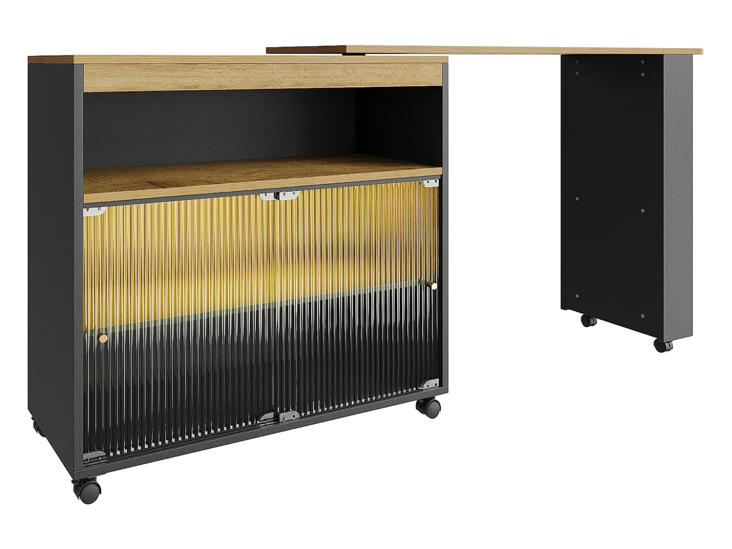 Mueble bar giratorio con ruedas con 2 puertas correderas de cristal, 1 nicho y estantes, LED incluido, MDF, negro - 138x39x105cm