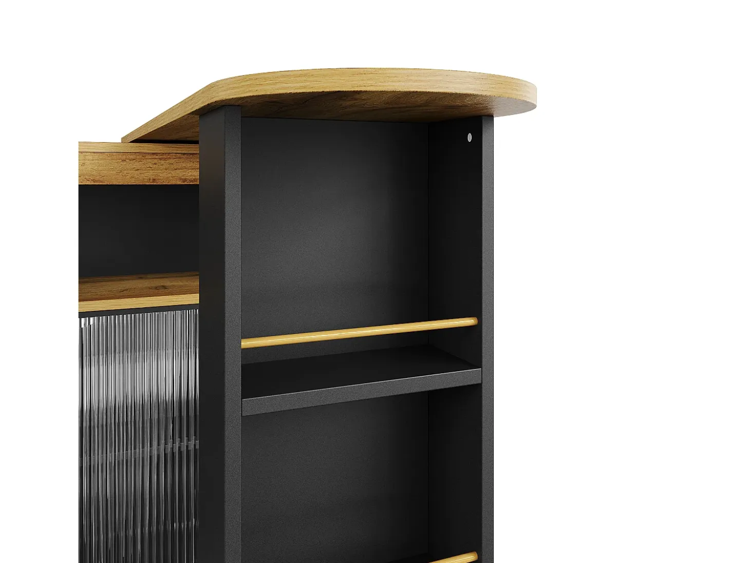 Mueble bar giratorio con ruedas con 2 puertas correderas de cristal, 1 nicho y estantes, LED incluido, MDF, negro - 138x39x105cm
