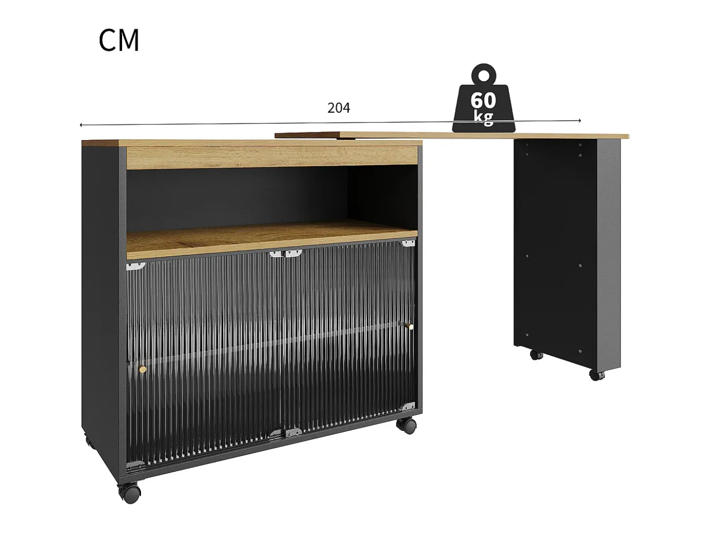 Mueble bar giratorio con ruedas con 2 puertas correderas de cristal, 1 nicho y estantes, LED incluido, MDF, negro - 138x39x105cm