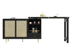 Mueble bar giratorio con 2 puertas correderas de ratán y cajón - Negro