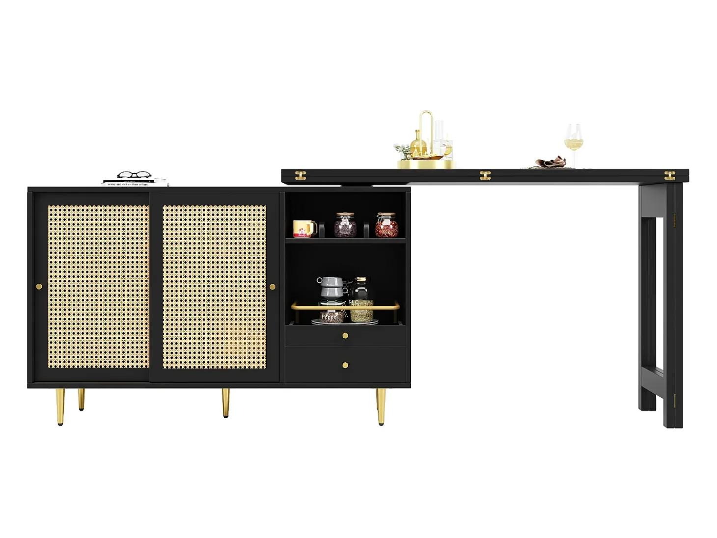 Mueble bar giratorio con 2 puertas correderas de ratán y cajón - Negro