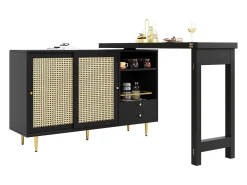 Mueble bar giratorio con 2 puertas correderas de ratán y cajón - Negro