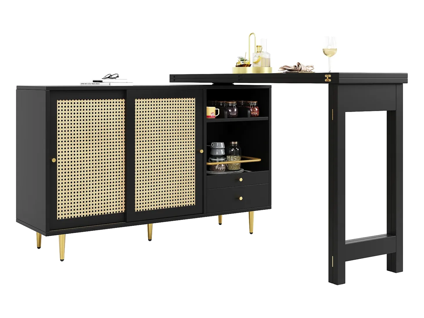 Mueble bar giratorio con 2 puertas correderas de ratán y cajón - Negro