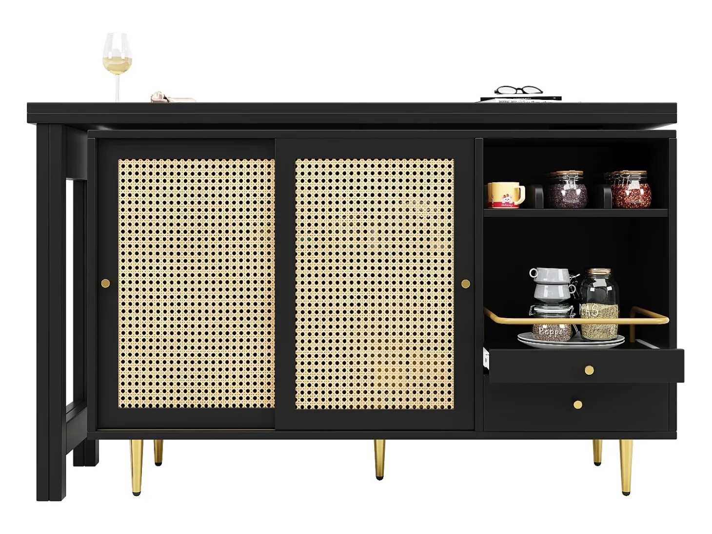 Mueble bar giratorio con 2 puertas correderas de ratán y cajón - Negro