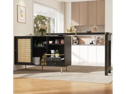 Mueble bar giratorio con 2 puertas correderas de ratán y cajón - Negro