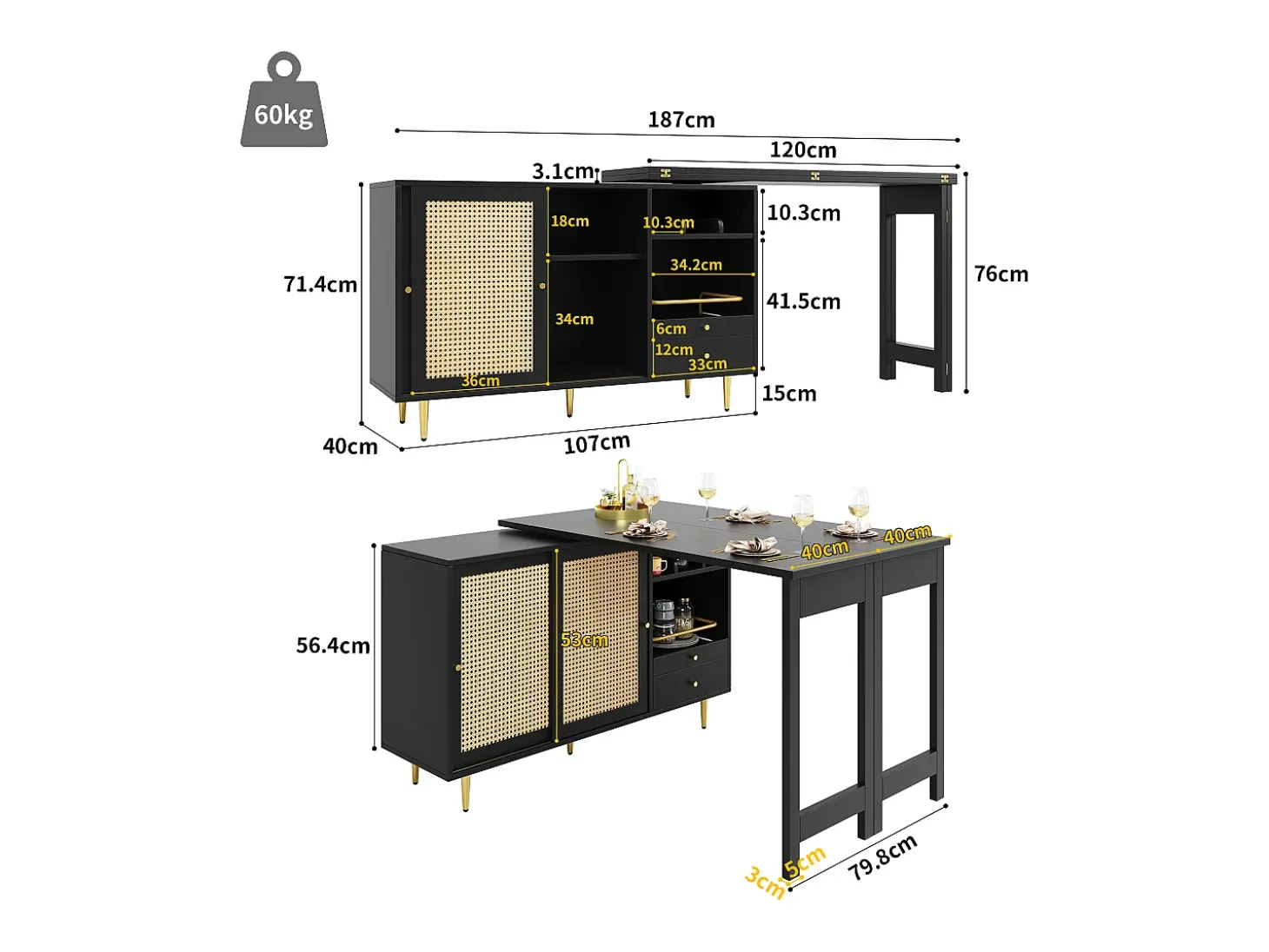 Mueble bar giratorio con 2 puertas correderas de ratán y cajón - Negro