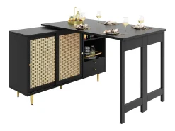 Mueble bar giratorio con 2 puertas correderas de ratán y cajón - Negro