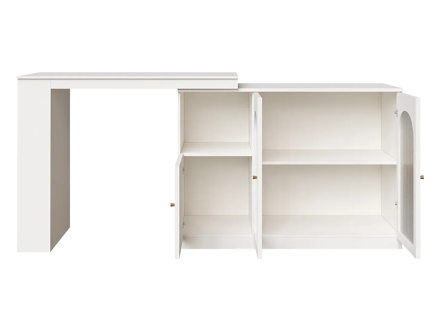 Mueble bar giratorio con 3 puertas, 2 de ellas de cristal, estantes abiertos incluidos, cuerpo blanco - 120x40x103cm