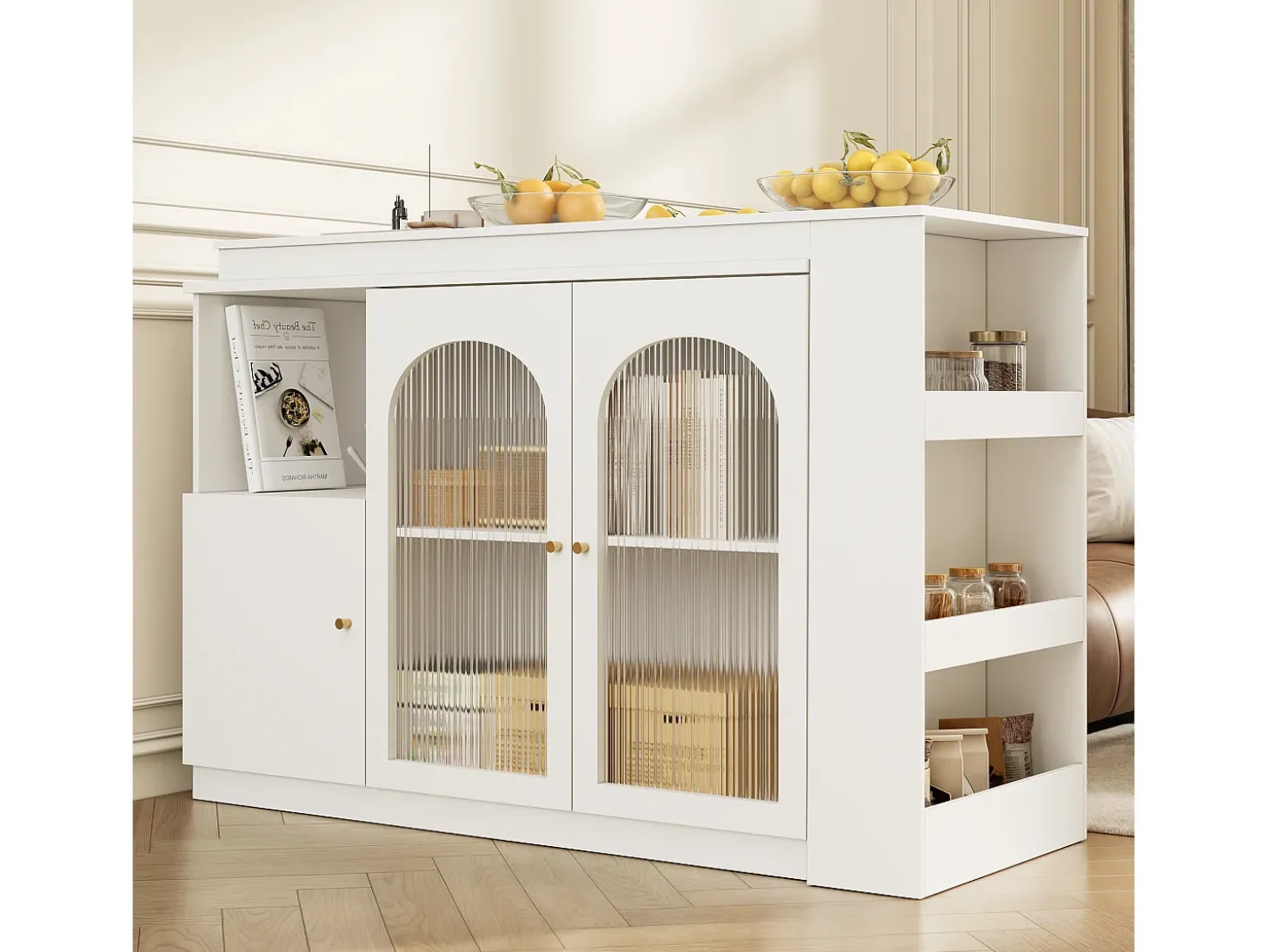Mueble bar giratorio con 3 puertas, 2 de ellas de cristal, estantes abiertos incluidos, cuerpo blanco - 120x40x103cm