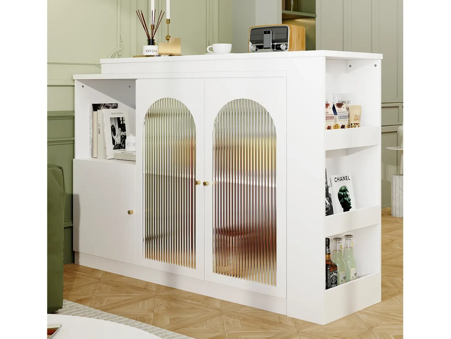 Mueble bar giratorio con 3 puertas, 2 de ellas de cristal, estantes abiertos incluidos, cuerpo blanco - 120x40x103cm