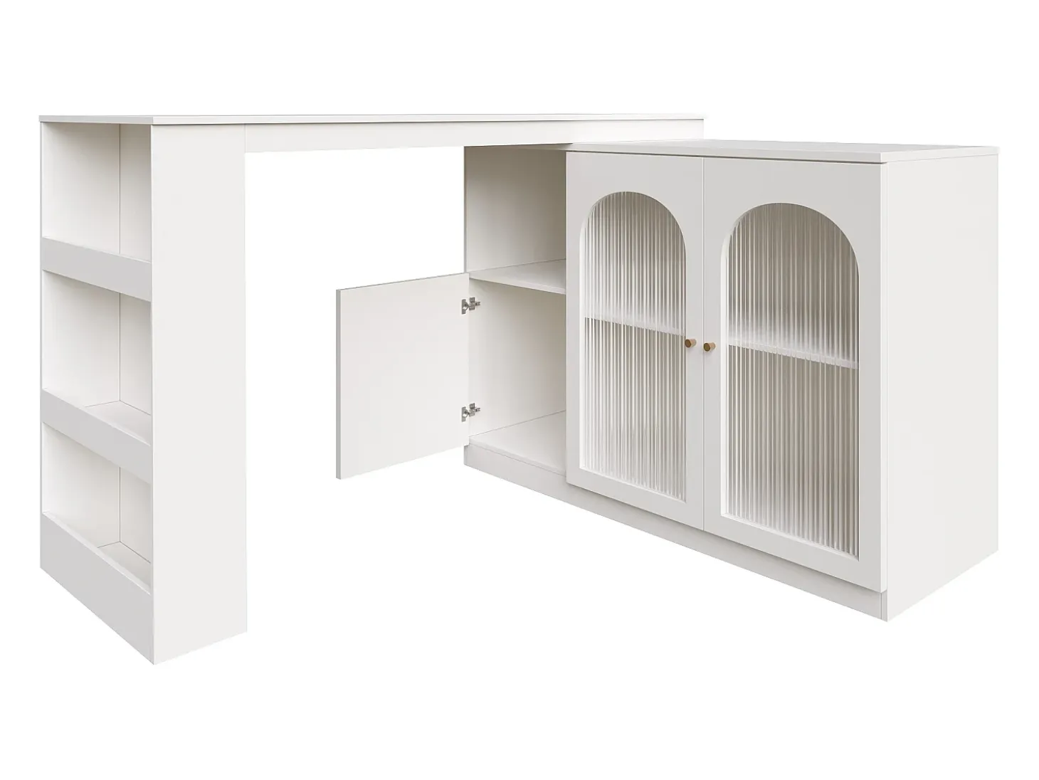 Mueble bar giratorio con 3 puertas, 2 de ellas de cristal, estantes abiertos incluidos, cuerpo blanco - 120x40x103cm