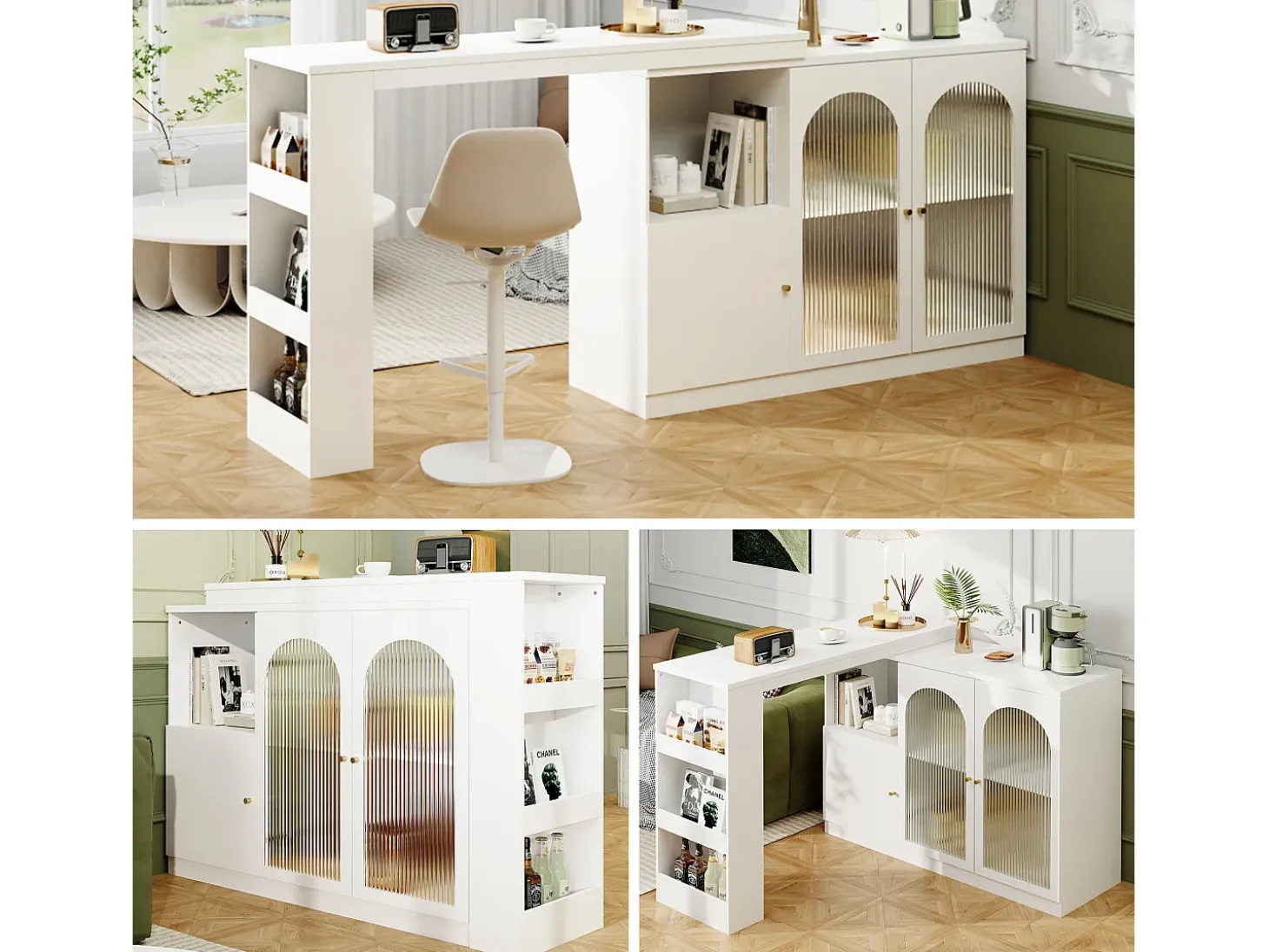Mueble bar giratorio con 3 puertas, 2 de ellas de cristal, estantes abiertos incluidos, cuerpo blanco - 120x40x103cm