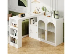Mueble bar giratorio con 3 puertas, 2 de ellas de cristal, estantes abiertos incluidos, cuerpo blanco - 120x40x103cm