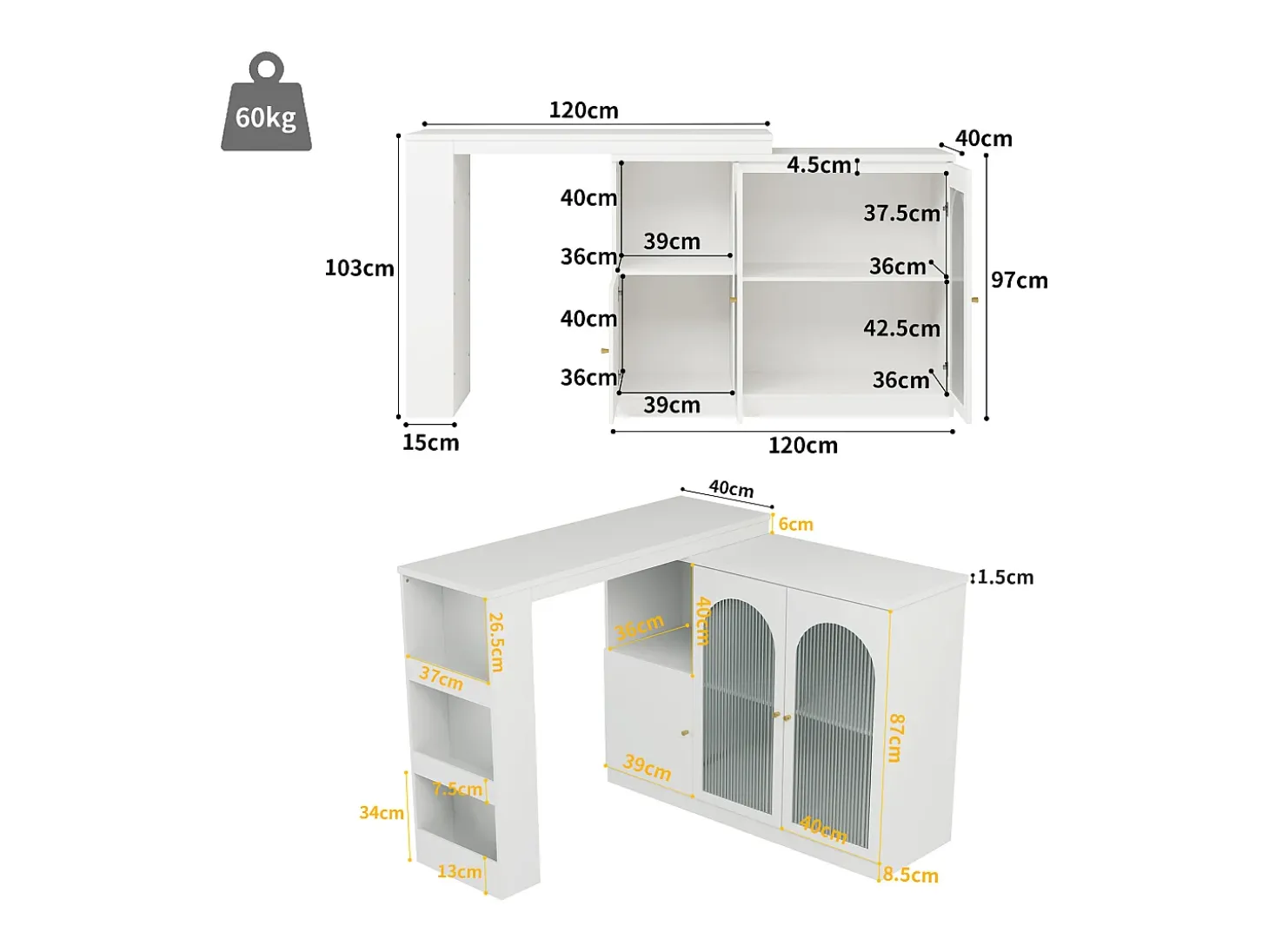 Mueble bar giratorio con 3 puertas, 2 de ellas de cristal, estantes abiertos incluidos, cuerpo blanco - 120x40x103cm