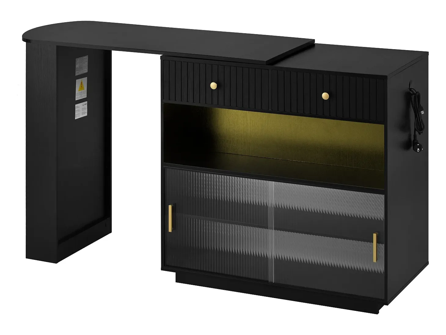Mueble bar giratorio con enchufes, iluminación LED y tablero perforado - Negro