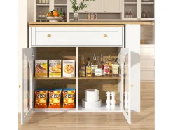 Mueble bar giratorio con 1 cajón ancho y 2 puertas de cristal, cuerpo blanco, estantes incluidos - 204x39x104cm