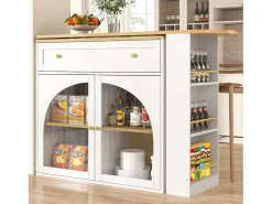 Mueble bar giratorio con 1 cajón ancho y 2 puertas de cristal, cuerpo blanco, estantes incluidos - 204x39x104cm