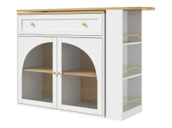 Mueble bar giratorio con 1 cajón ancho y 2 puertas de cristal, cuerpo blanco, estantes incluidos - 204x39x104cm