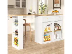 Mueble bar giratorio con 1 cajón ancho y 2 puertas de cristal, cuerpo blanco, estantes incluidos - 204x39x104cm