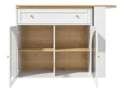 Mueble bar giratorio con 1 cajón ancho y 2 puertas de cristal, cuerpo blanco, estantes incluidos - 204x39x104cm