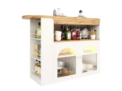 Mueble bar giratorio con iluminación LED y dos puertas de cristal - blanco y natural