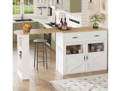 Mueble bar giratorio con 1 cajón ancho y 2 puertas, estante lateral de tres niveles incluido, blanco - 204x39x104cm