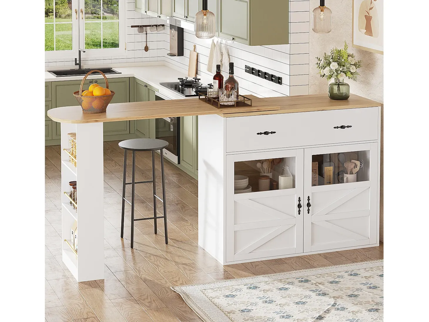 Mueble bar giratorio con 1 cajón ancho y 2 puertas, estante lateral de tres niveles incluido, blanco - 204x39x104cm