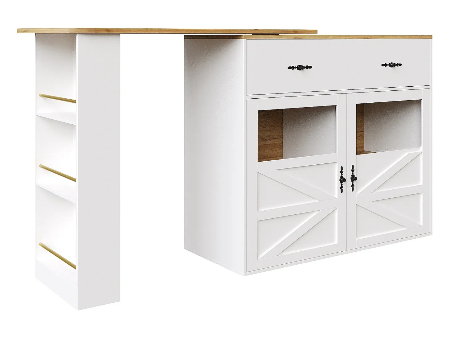 Mueble bar giratorio con 1 cajón ancho y 2 puertas, estante lateral de tres niveles incluido, blanco - 204x39x104cm