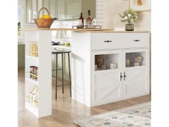 Mueble bar giratorio con 1 cajón ancho y 2 puertas, estante lateral de tres niveles incluido, blanco - 204x39x104cm