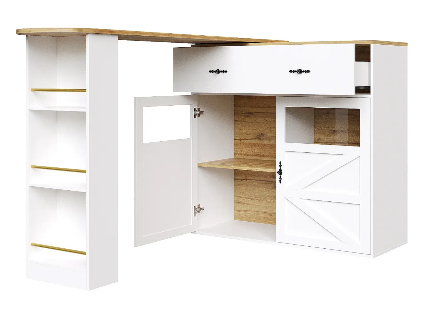 Mueble bar giratorio con 1 cajón ancho y 2 puertas, estante lateral de tres niveles incluido, blanco - 204x39x104cm