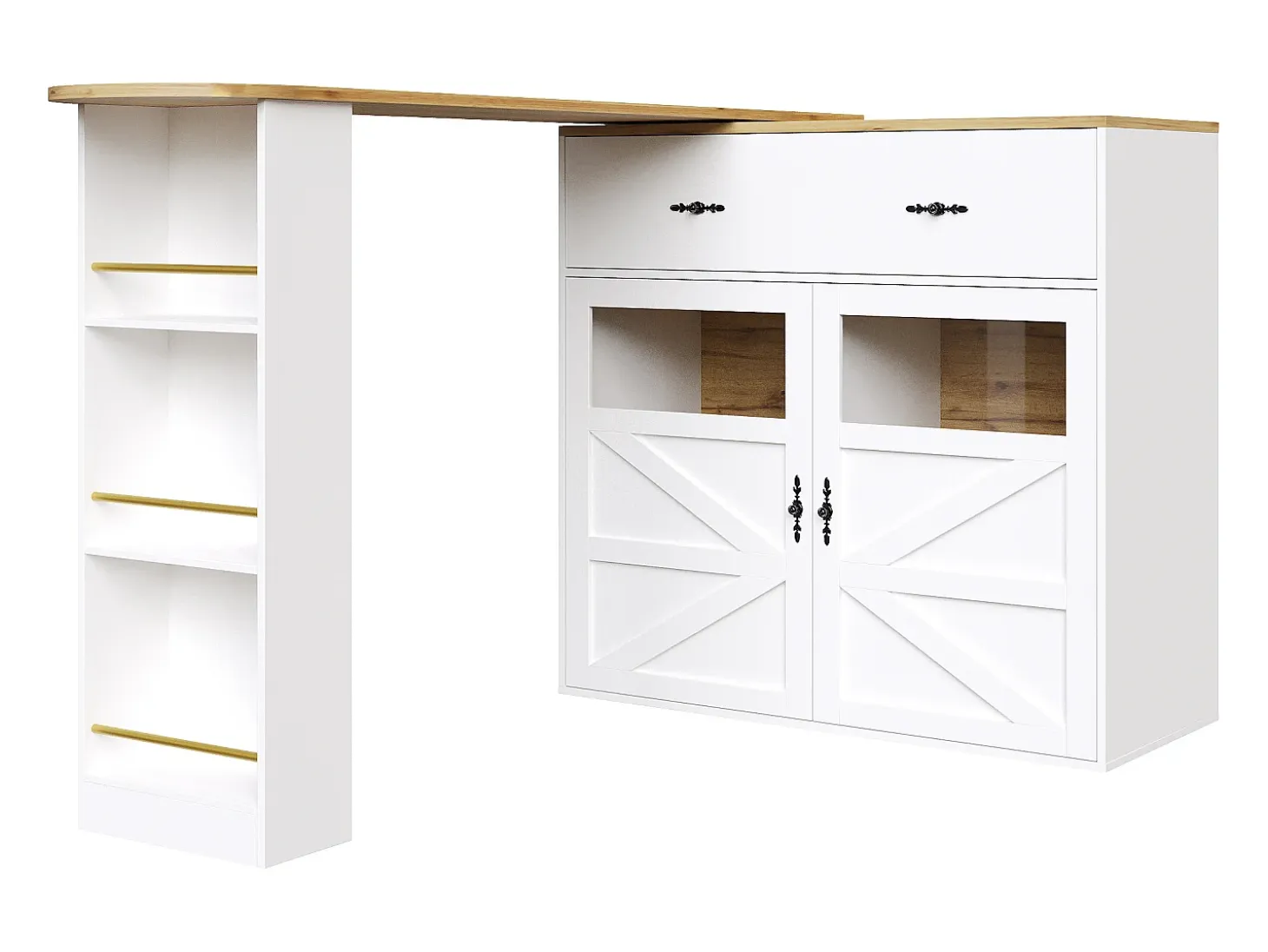 Mueble bar giratorio con 1 cajón ancho y 2 puertas, estante lateral de tres niveles incluido, blanco - 204x39x104cm