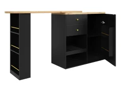 Mueble bar giratorio con 2 cajones, 1 puerta y 2 nichos, cuerpo negro con tapa chapada en madera - 138x39x104cm