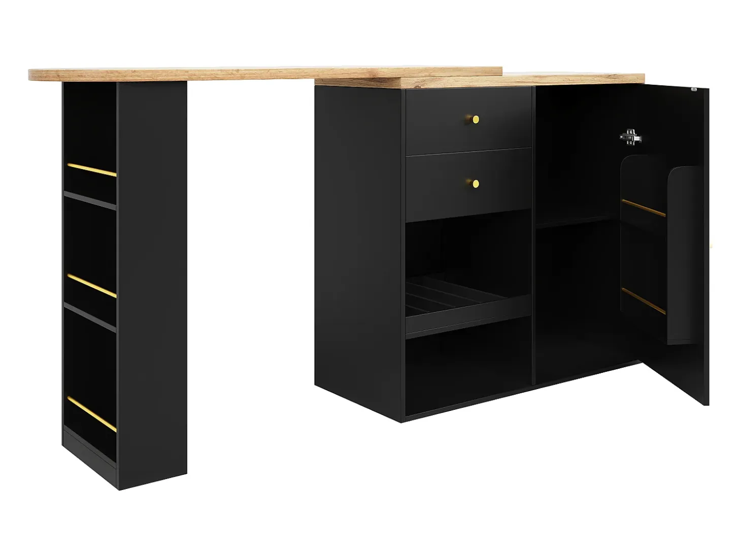 Mueble bar giratorio con 2 cajones, 1 puerta y 2 nichos, cuerpo negro con tapa chapada en madera - 138x39x104cm