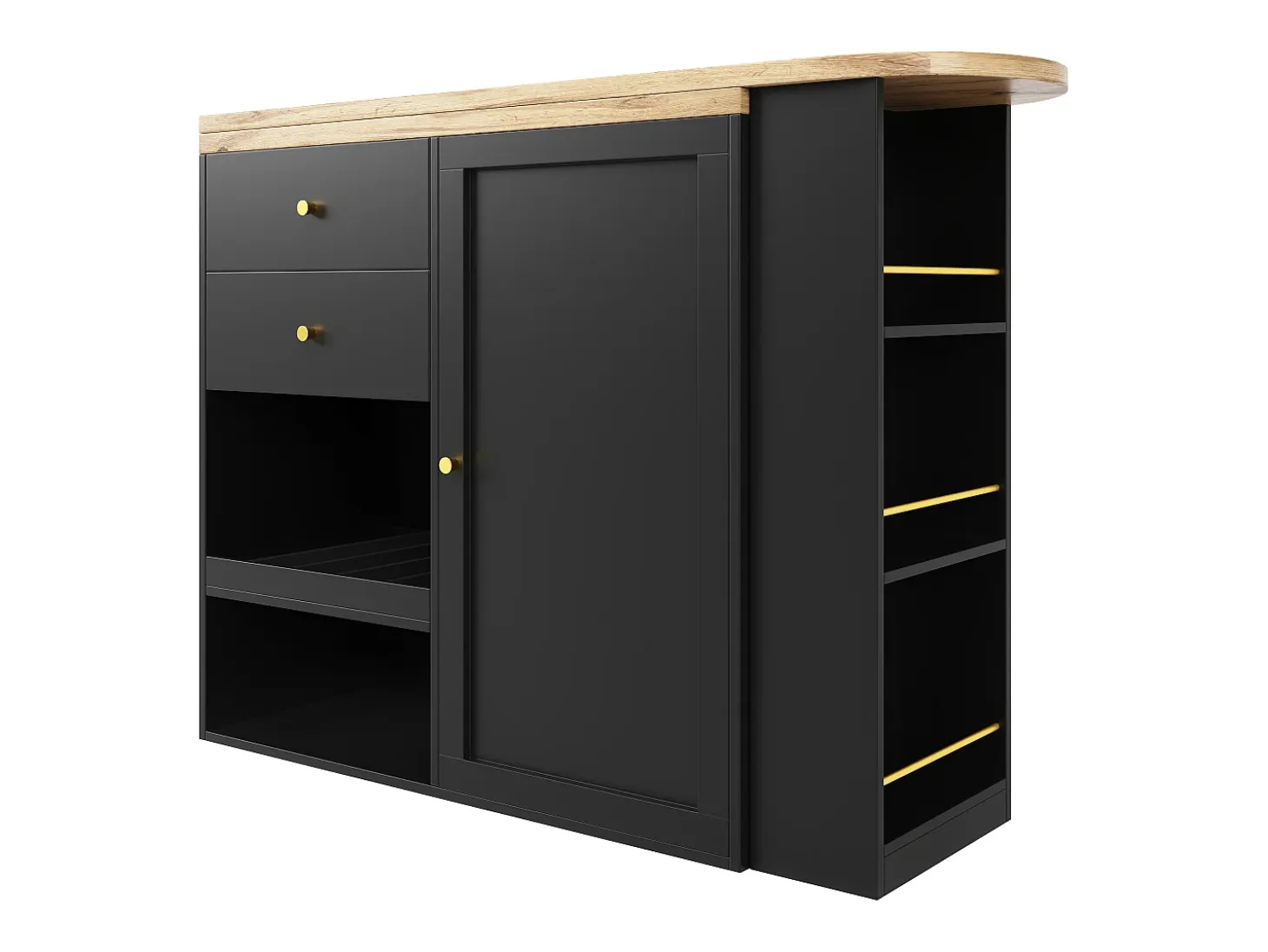Mueble bar giratorio con 2 cajones, 1 puerta y 2 nichos, cuerpo negro con tapa chapada en madera - 138x39x104cm