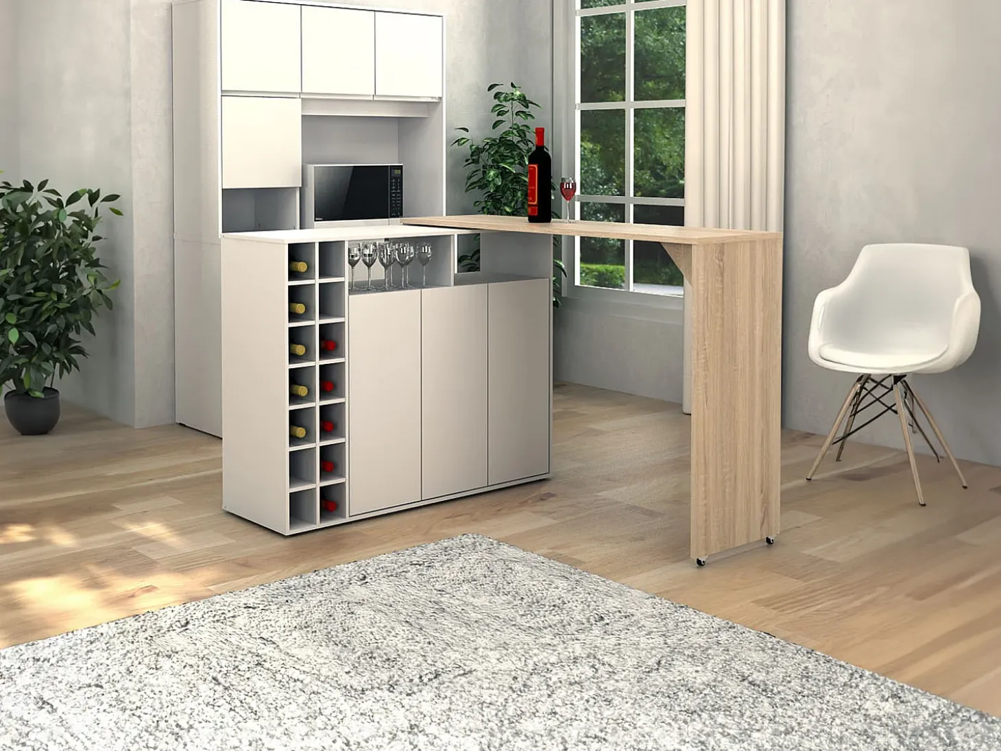 Mueble bar giratorio con almacenaje - Blanco y Natural - VINALO