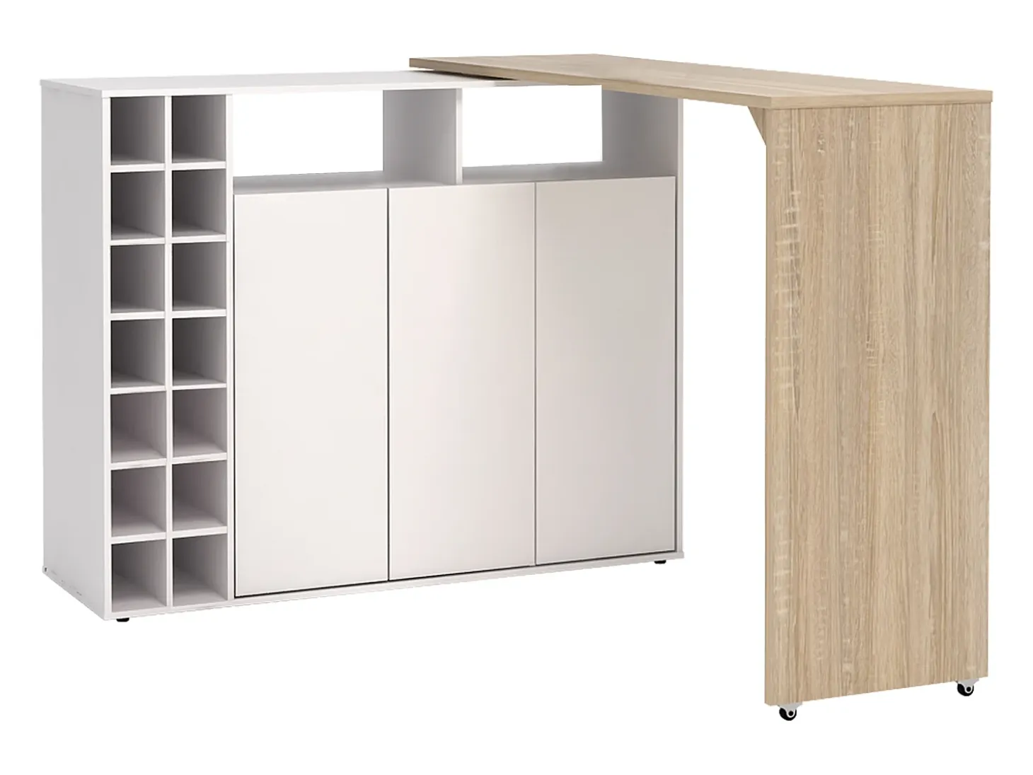 Mueble bar giratorio con almacenaje - Blanco y Natural - VINALO