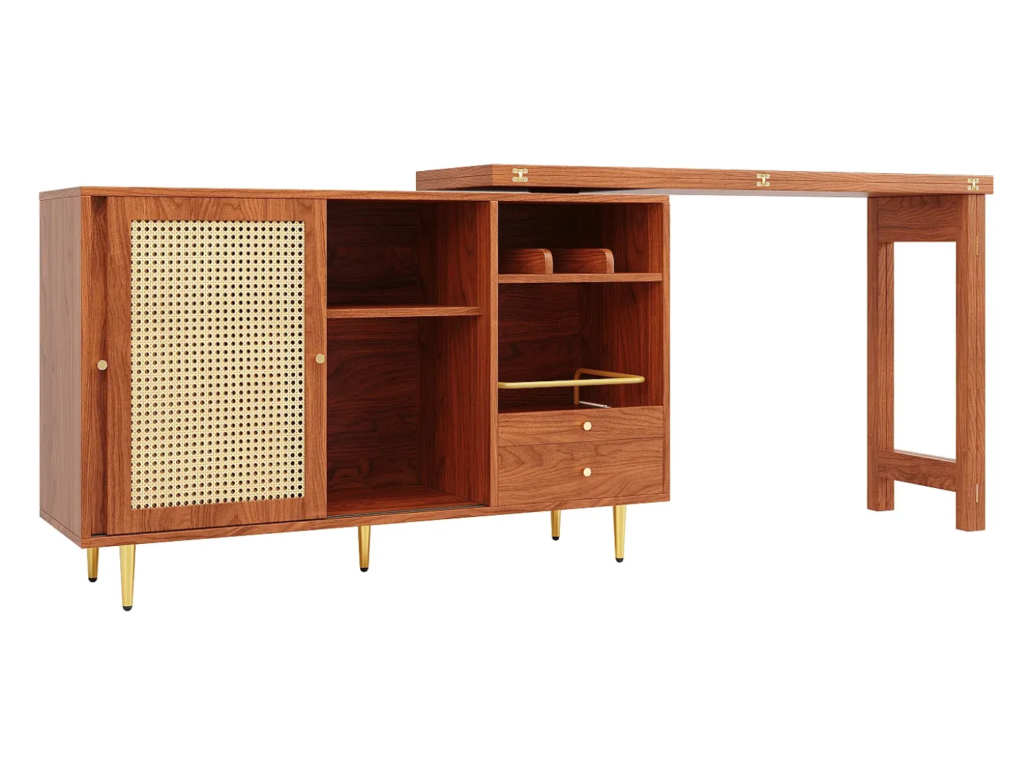 Mueble bar giratorio marrón - Mueble bar extensible con puertas y cajones corredizos de ratán - Almacenamiento abierto