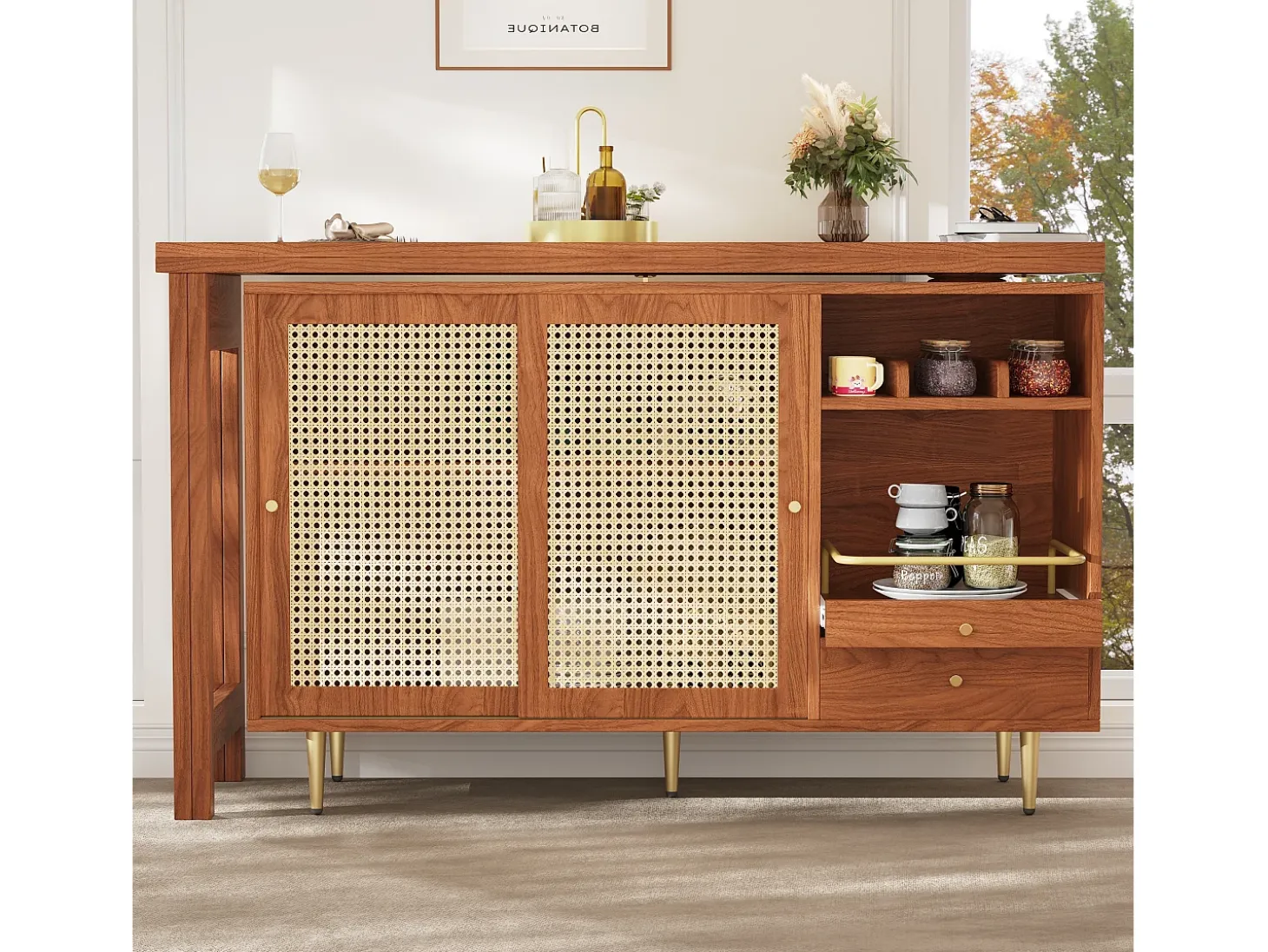 Mueble bar giratorio marrón - Mueble bar extensible con puertas y cajones corredizos de ratán - Almacenamiento abierto