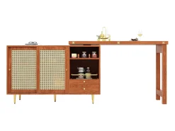Mueble bar giratorio marrón - Mueble bar extensible con puertas y cajones corredizos de ratán - Almacenamiento abierto