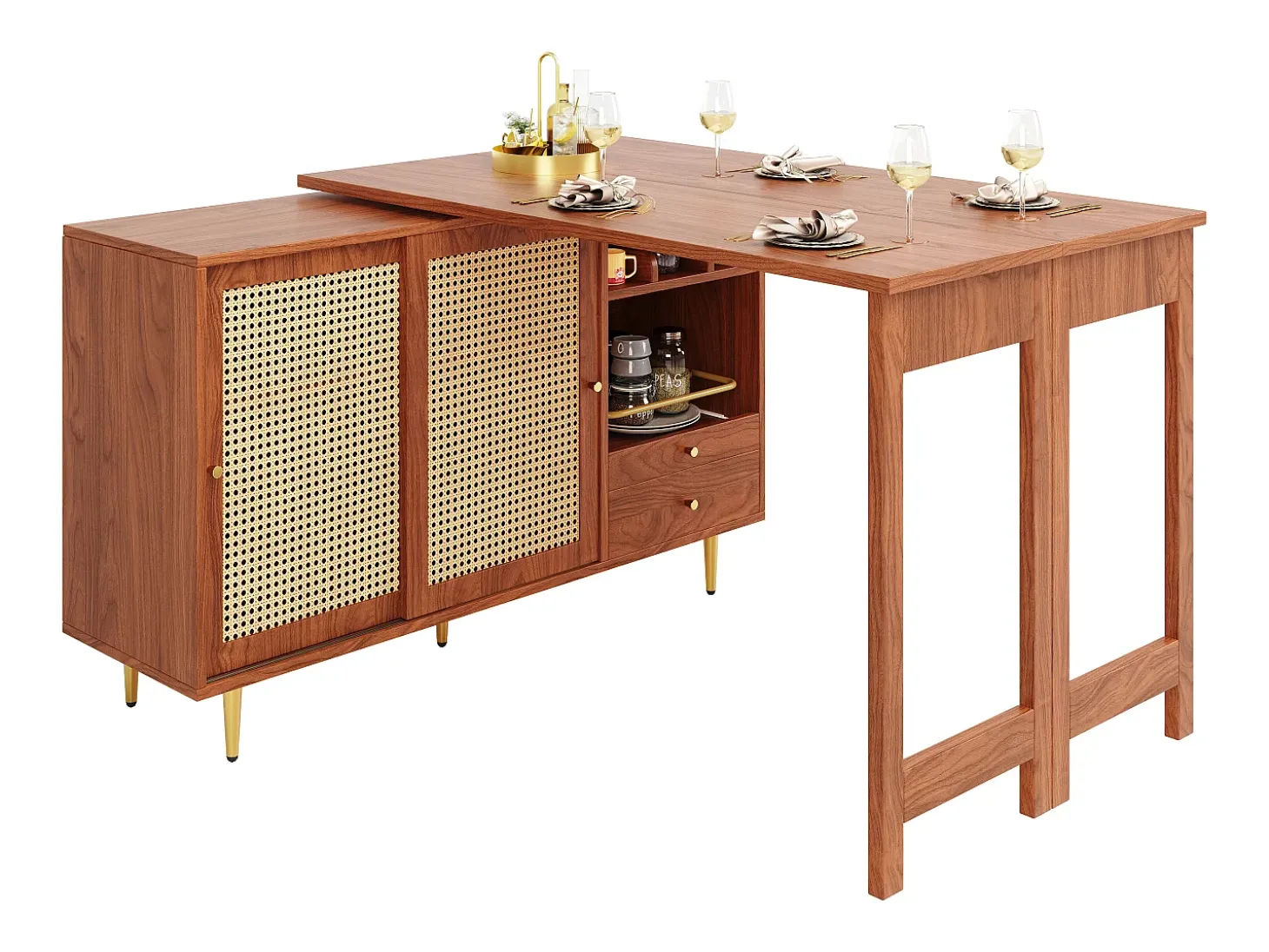 Mueble bar giratorio marrón - Mueble bar extensible con puertas y cajones corredizos de ratán - Almacenamiento abierto