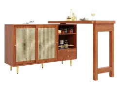 Mueble bar giratorio marrón - Mueble bar extensible con puertas y cajones corredizos de ratán - Almacenamiento abierto