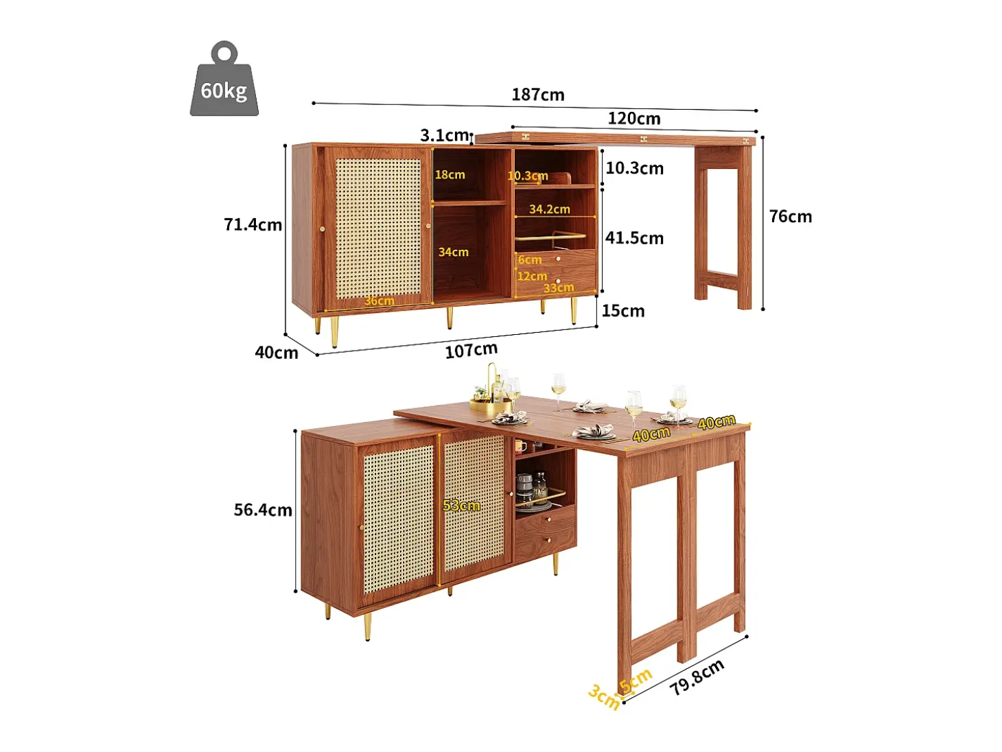 Mueble bar giratorio marrón - Mueble bar extensible con puertas y cajones corredizos de ratán - Almacenamiento abierto