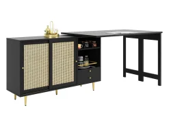 Mueble bar giratorio negro - Mueble bar extensible con puertas y cajones corredizos de ratán - Almacenamiento abierto