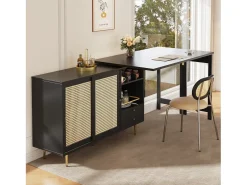 Mueble bar giratorio negro - Mueble bar extensible con puertas y cajones corredizos de ratán - Almacenamiento abierto