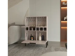 Mueble bar Lyrata, en melamina con botellero para vinos, portacopas y 4 estantes , 110 cm X 80 cm X 35 cm , Gris / plata