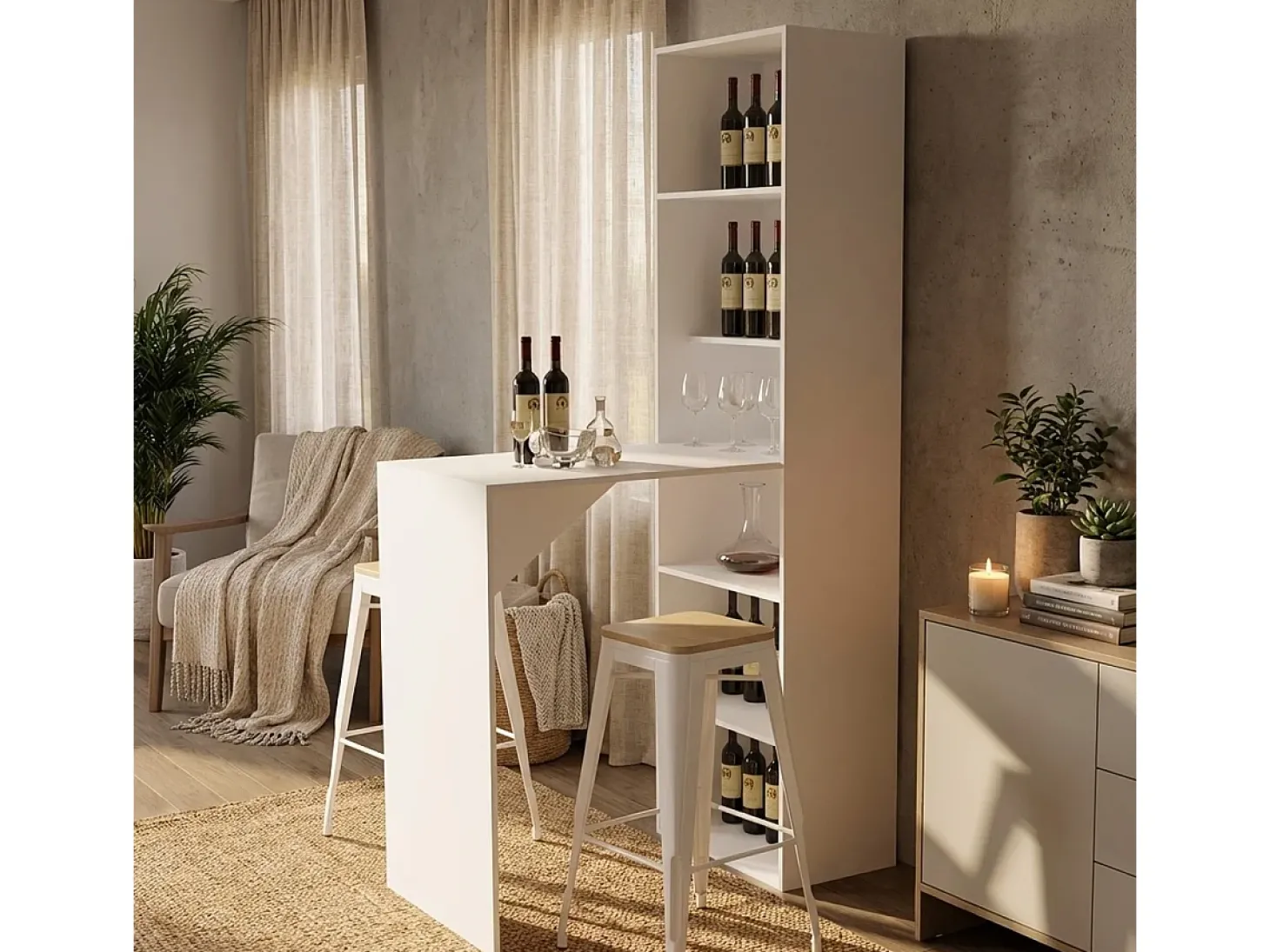 Mueble bar moderno mesa alta para taburete con estantes h109 Tanul - Blanco