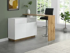 Mueble bar pivotante - 2 puertas 1 cajón 1 estante - MDF - Blanco lacado y roble - ELDIR