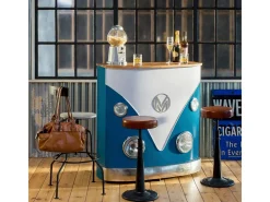 Mueble bar vintage azul con tablero de madera de mango y almacenamiento